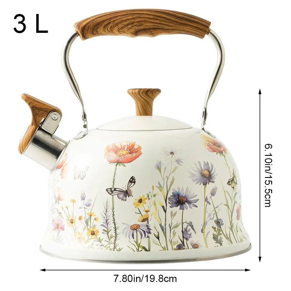 Flower Pattern Whistling Kettle, Vintage Stove Top Tea Pot With Anti Hot Handle for Gas Hob and Induction Stoves, 3 L — image 3