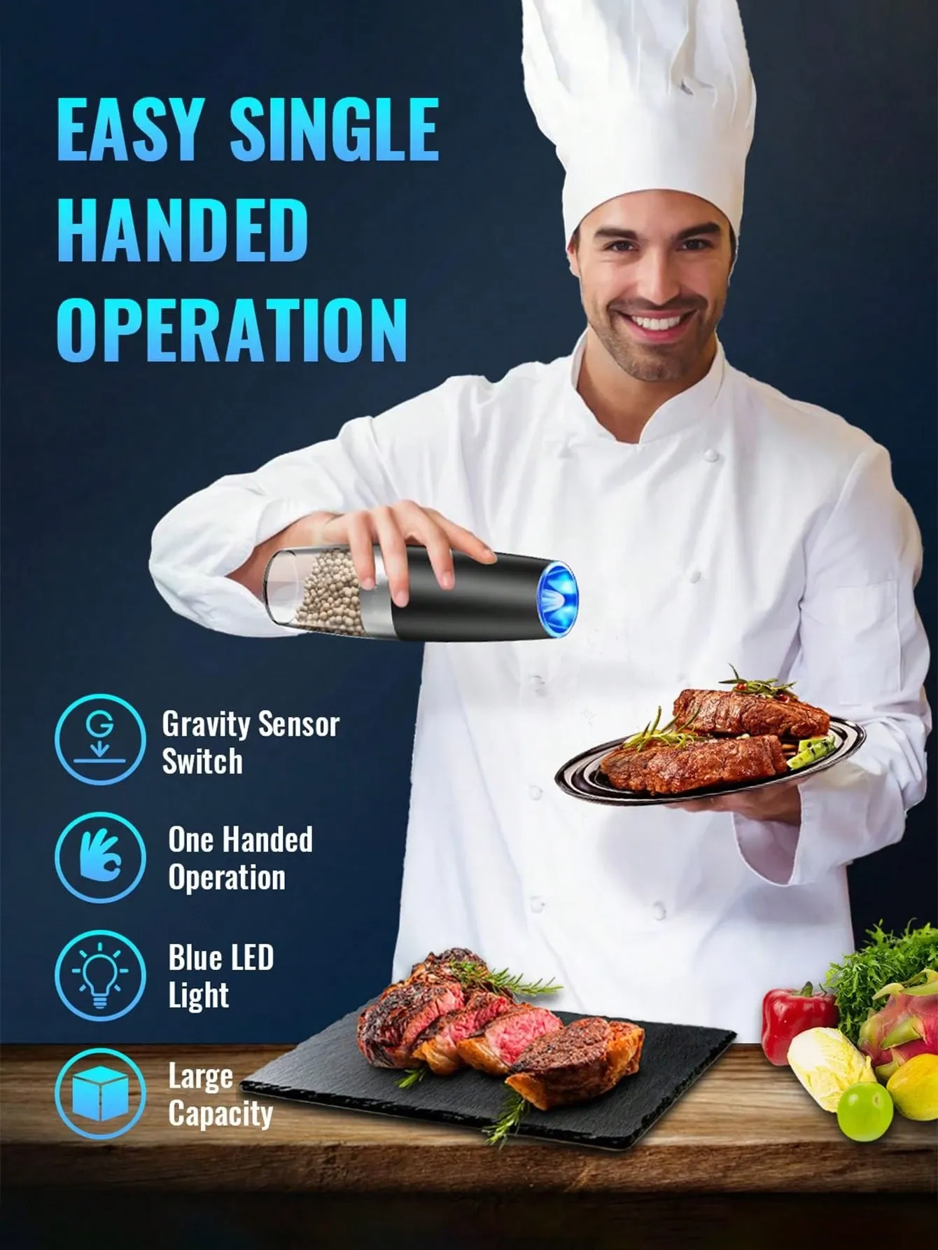 1pcs Gravity Electric Salt Pepper Grinder Set LED Lights Battery Powered One Hand Operation Adjustable Thickness Grinding Shaker Kitchen Gadgets Accessories — image 3