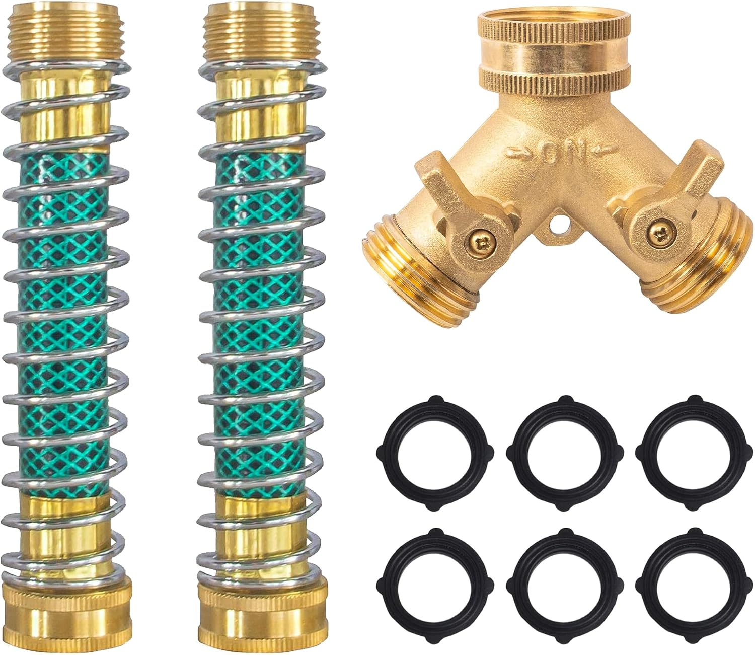 2 Way Hose Splitter, 3/4" Brass Hose Y Splitter with 2 PCS Garden Hose Extension Hose Coiled Spring Protectors and 6 Rubber Washers