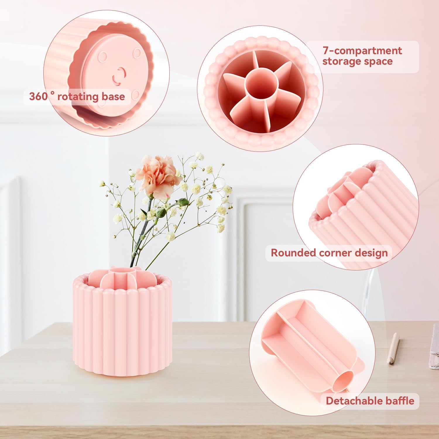 1 Pack 360° Rotating Makeup Brush Organizer, 7 Slot Make up Brush Holder for Vanity, Dresser, Desk (Pink) — image 4