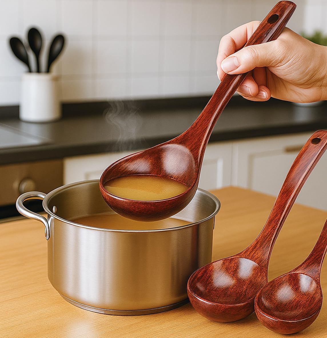 Wooden Ladle for Soup, 3 Size Wooden Spoons for Deep Pot & Bowl, Heat Resistant Handles, Non-Stick Wood Kitchen Utensils Set for Cooking, Serving and Stirring — image 2