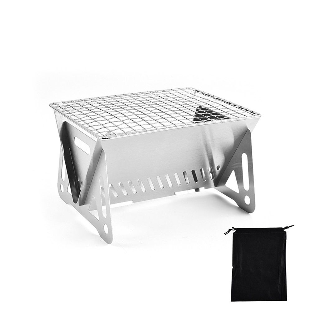 Portable Backpacking Stove with Grill Grid, Folding Stainless Steel Charcoal Grill, Ultralight BBQ Wood Burning Camp Stove for Hiking Picnic Garden Backyard