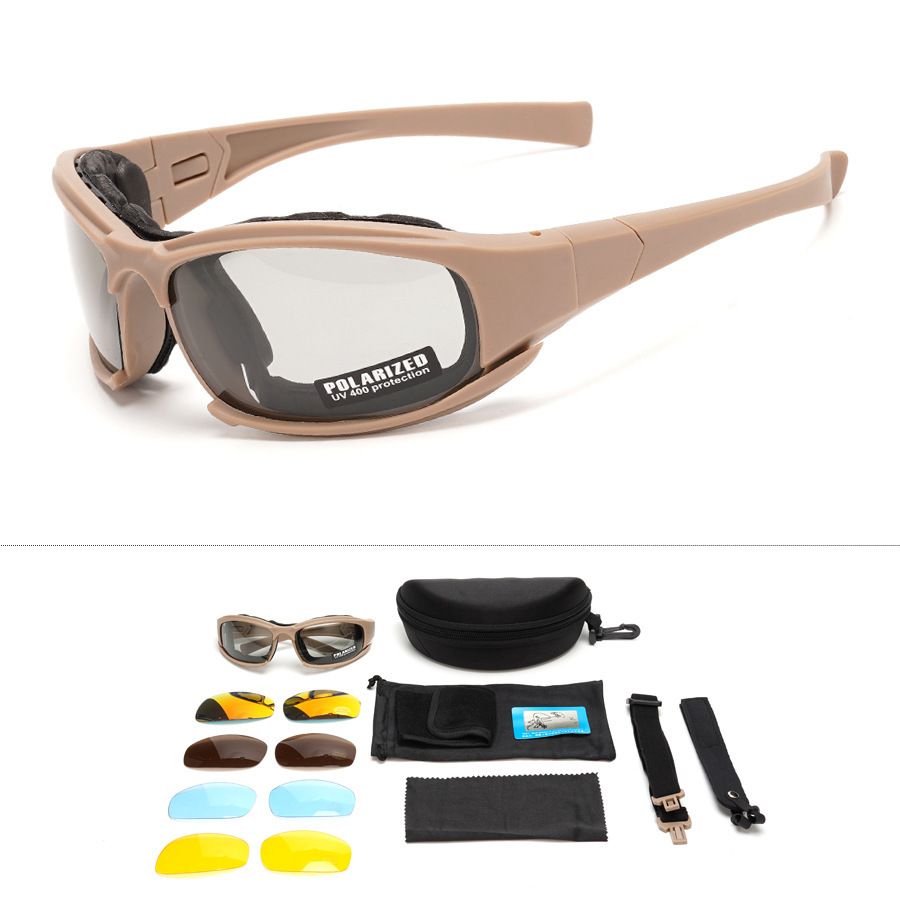 Khaki Tactical Protection Goggles with Storage Box and Elastic Straps (Polarized & Photochromic 5-Lens Set) - Windproof, Dustproof, UV Protection for Cycling