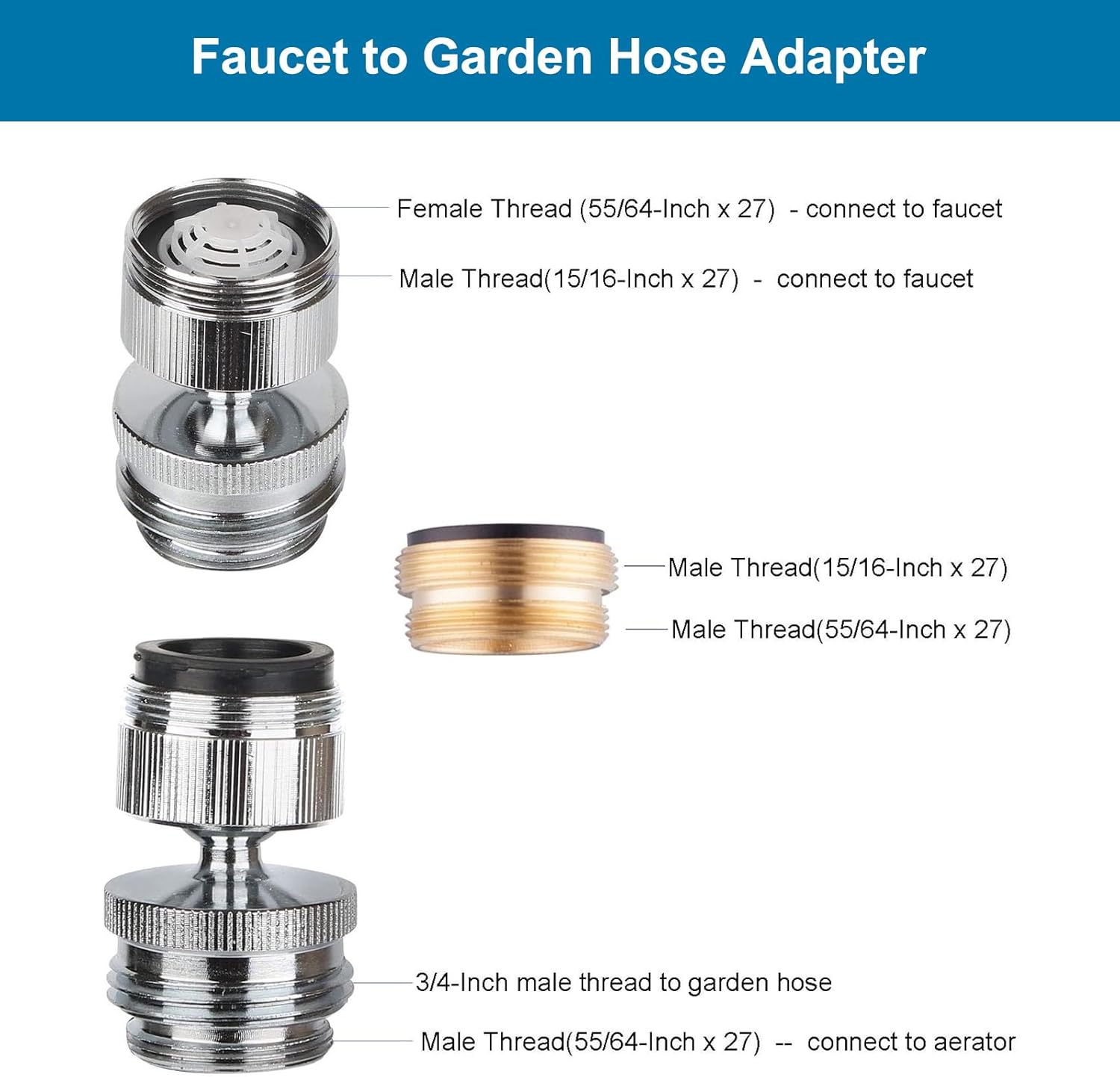Faucet Adapter Kit, Swivel Aerator Adapter to Connect Garden Hose - Multi-Thread Kitchen Sink Faucet to Garden Hose Adapter 3/4 Inch - Chrome Finished โ image 2