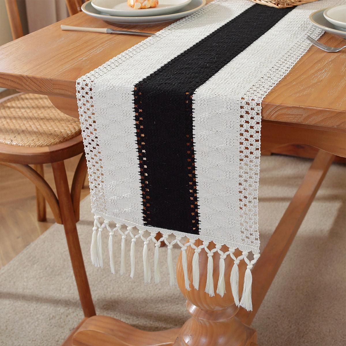 Cotton Linen Table Runner with Knot Tassel Bed End Towel Long Tablecloth Mat - Black — image 2