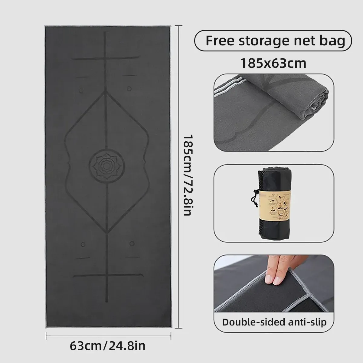 Portable Yoga Blanket with Body Position Line Non Slip Soft for Home Gym Studio - Blue — image 4