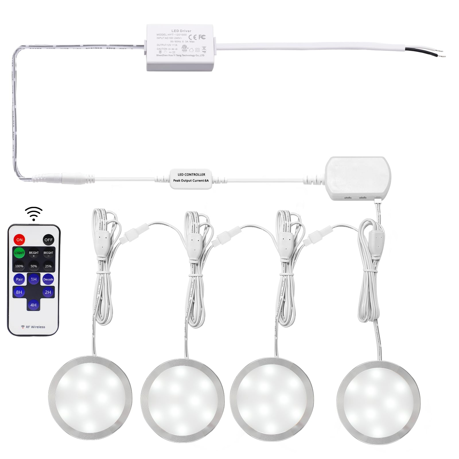 Linkable Under Cabinet LED Lighting 12V Slim Aluminum Dimmable Puck Lights Direct Wired with RF Remote Control for Kitchen Lighting(4pack, Daylight