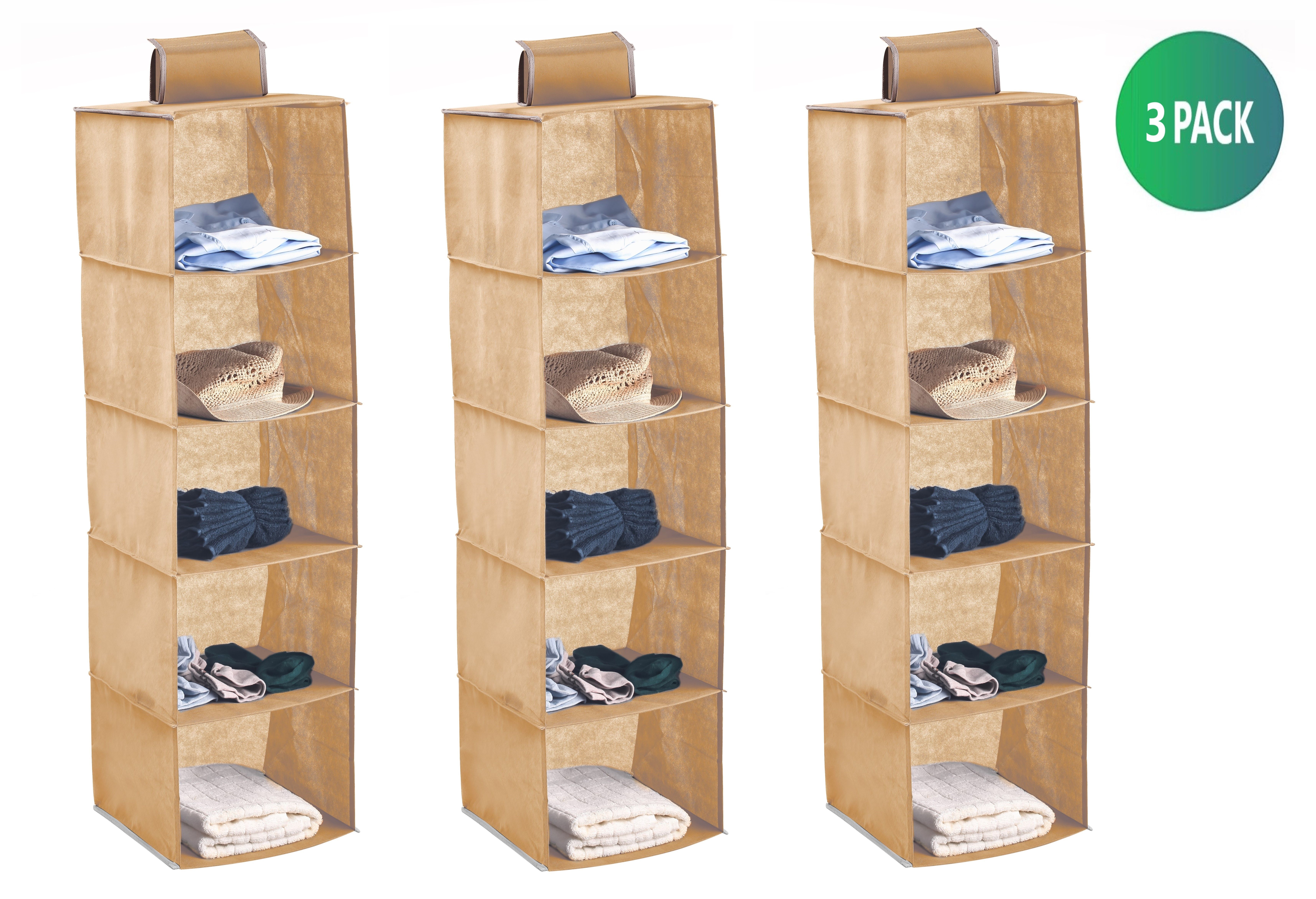 3 Pack 5-Tier Shelf Hanging Closet Organizer and Storage for Clothes (Beige) — image 2
