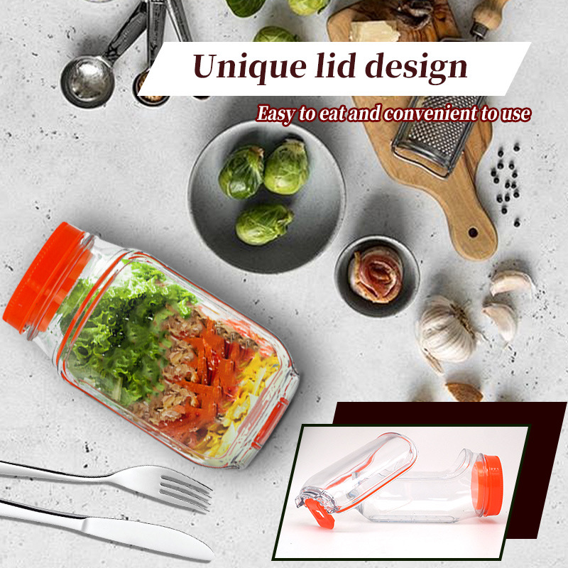 2-Pack(Green&Orange) Portable All-in-One Side-Opening Salad Container Jar with Fork(10.5x19CM) - Plastic Layered Meal Storage Cup for Kitchen &
