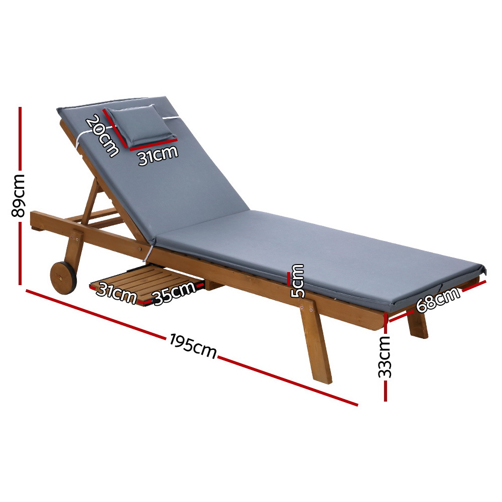 Gardeon 2x Sun Lounge Wooden Lounger Outdoor Furniture Day Bed Wheel Patio Grey โ image 2