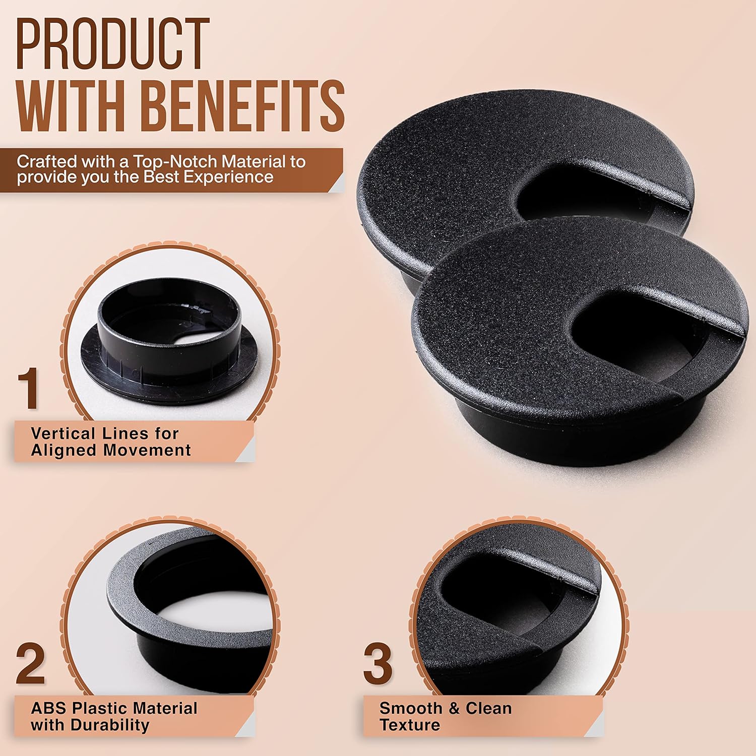 Desk Grommet 2 Inch (50 mm) Pack of 5-Black ABS Plastic Cable Hole Cover to Arrange Wires & Cords Through Computer Table/Countertops — image 3