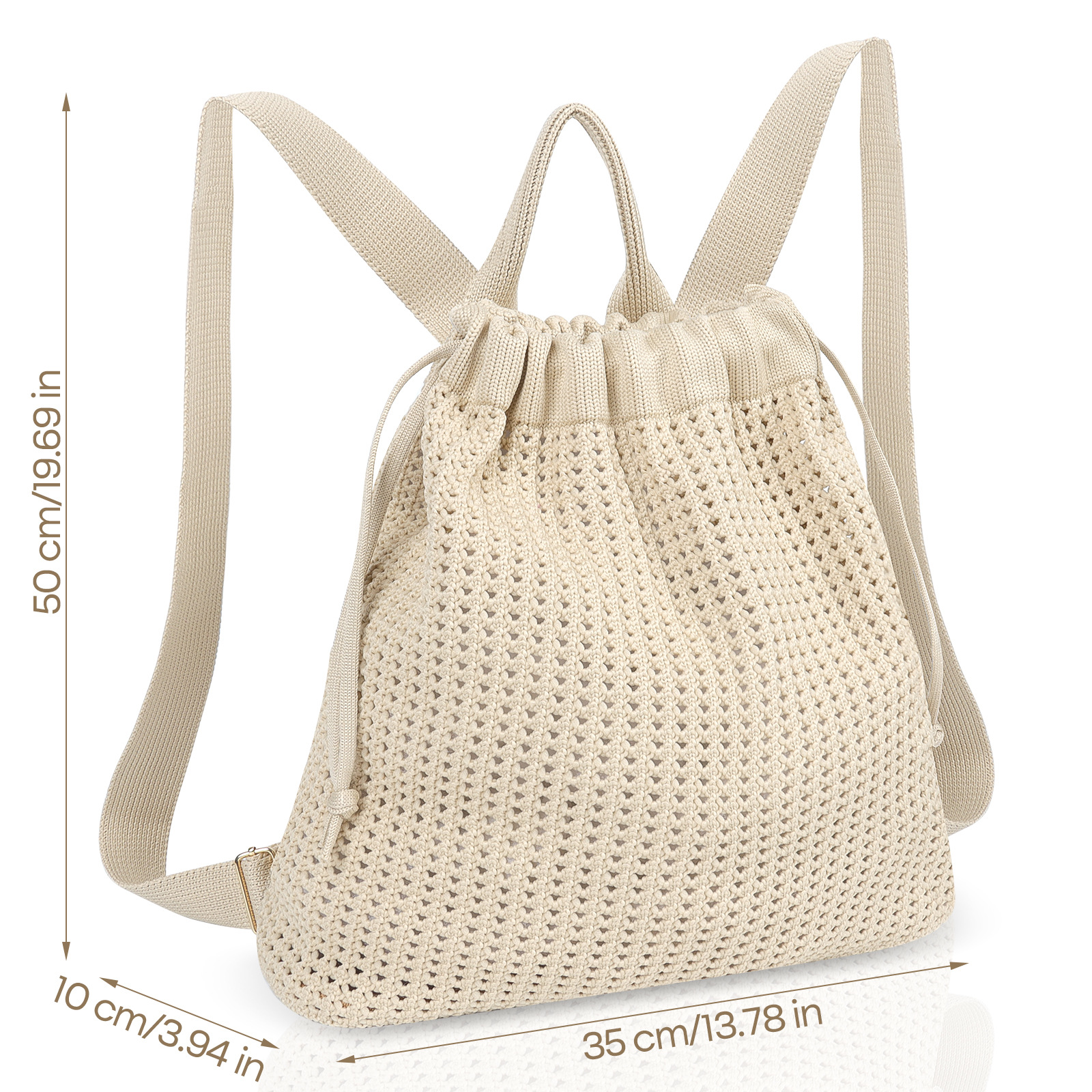 Khaki Bohemian Crochet Knit Drawstring Backpack - Hand-Woven Versatile Tote & Shoulder Bag for Vacation, Travel, and Daily Use — image 2