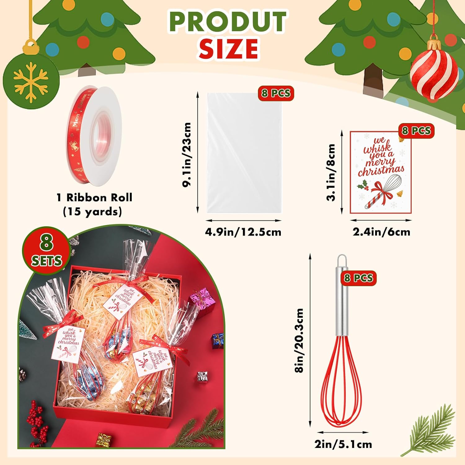 Christmas Whisk Gifts for Neighbors – 8 Sets 8“ Red Silicone Whisks with “We Whisk You a Merry Christmas” Cards, Gift Bags & Ribbons, Fun DIY Stocking Stuffers — image 2