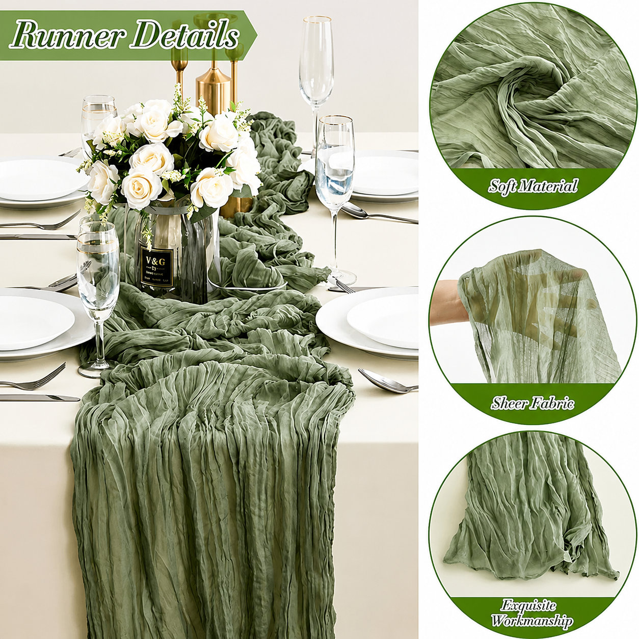 Table Runner -Grass Green 9.84ft Wrinkle Fabric Table Decor for Wedding, Party, Dessert Table and Event Decoration — image 2