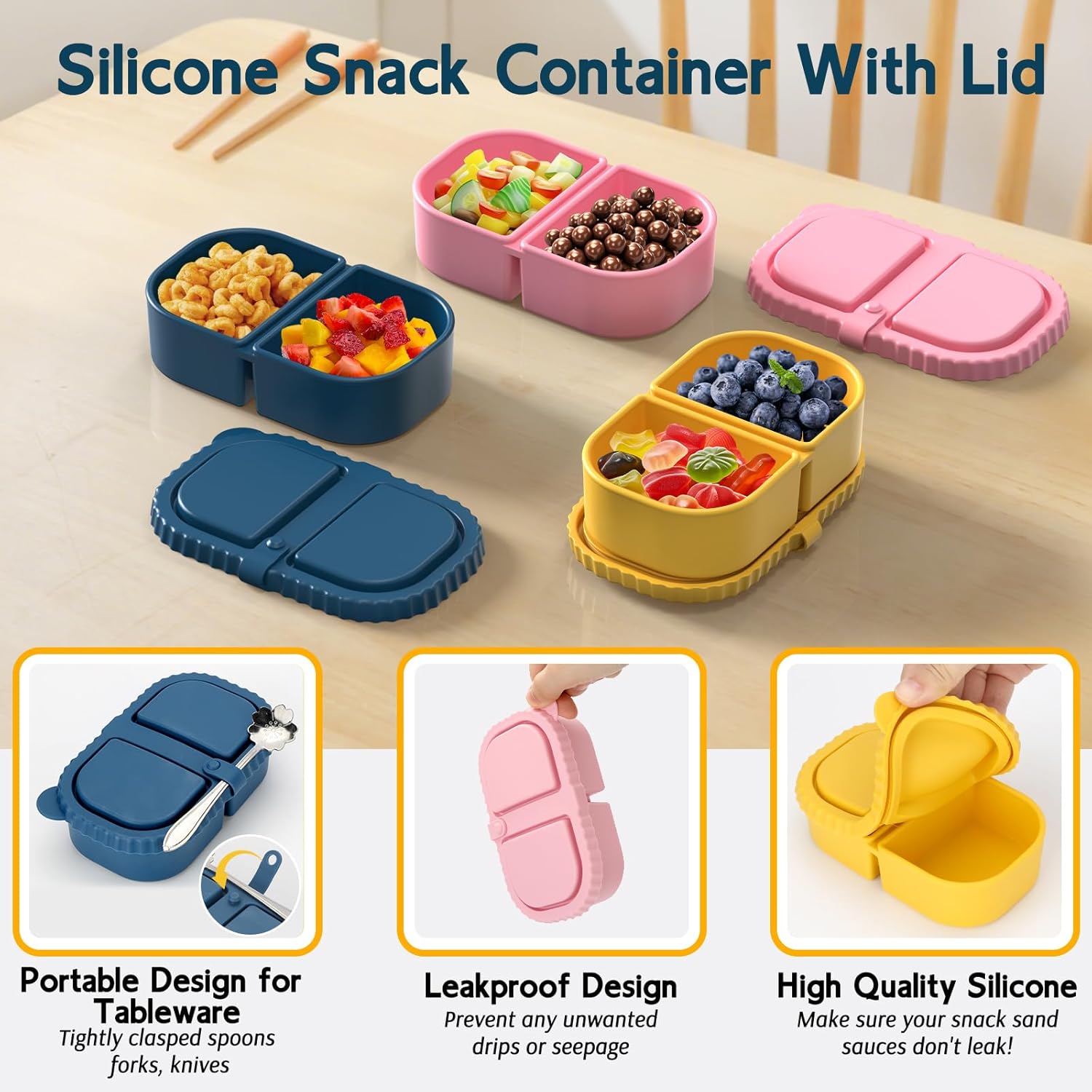 3 Pack Silicone Lunch Boxes Reusable with Lids Mini Double Compartment Portable Food Storage Containers for Picnic School Office β image 4