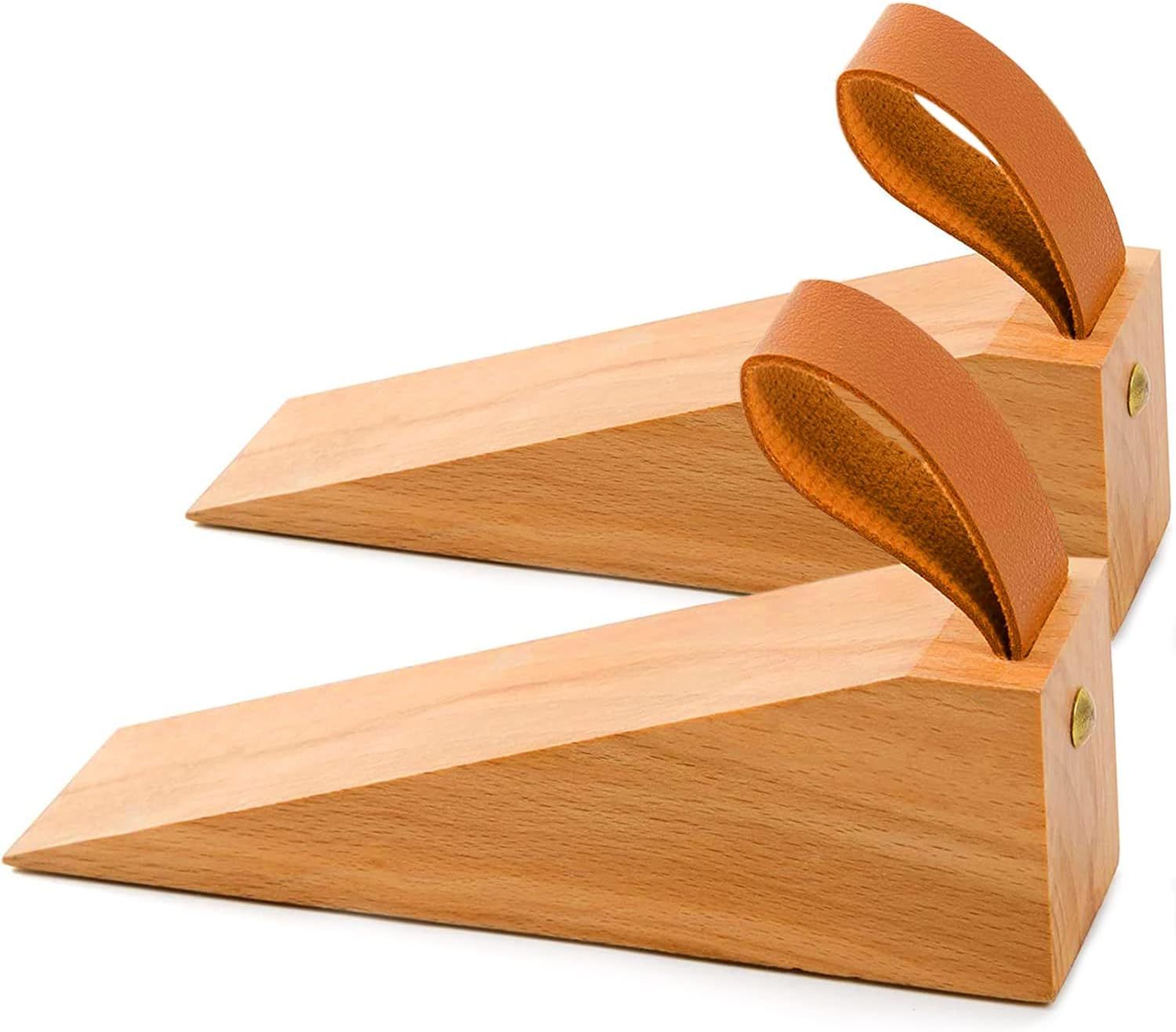 2Pack Wooden Door Stopper Non-Slip Security Wood Door Wedge with Leather Strap for Hanging Door Stopper, in House Bedroom Office Living Room Hotel Cabin（Beech