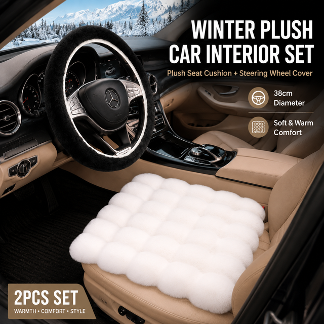 2-Piece Winter Warm Non-Slip Car Interior Comfort Combo with White Soft Bubble Fleece 3D Fluffy Car Seat Cushion and Black Plush Steering Wheel Cover