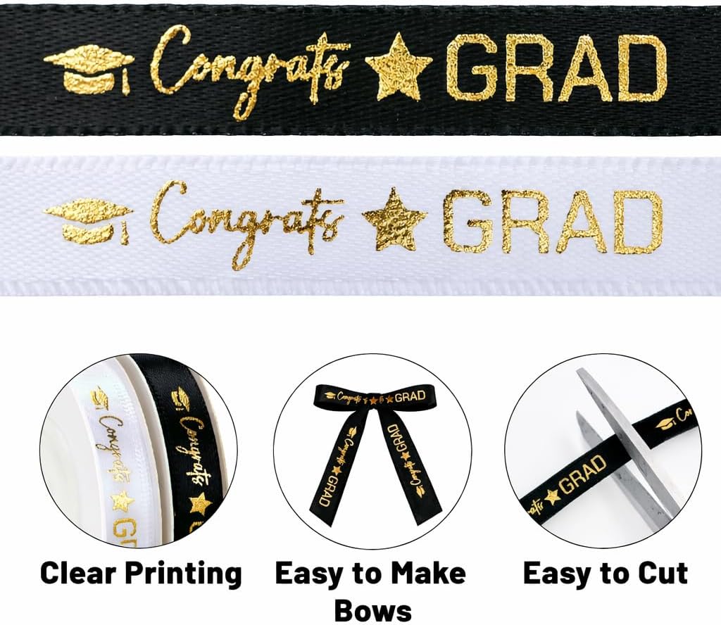 2 Rolls 2026 Graduation Ribbon - 3/8'' x 20 Yards Congrats Grad Gold Satin Ribbon for Gift Wrapping Class of 2026 Graduation Party Decorations DIY Crafts Black — image 3