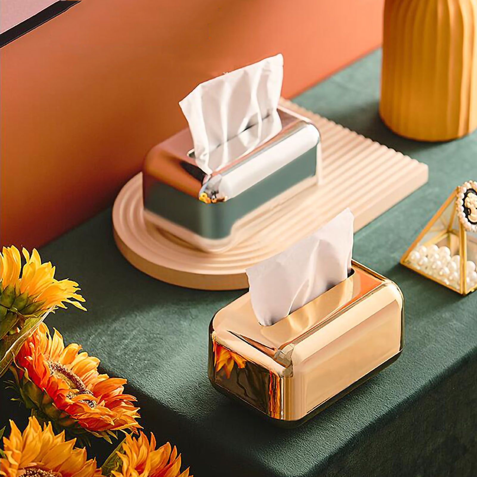 Tissue Storage Box Electroplated Magnetic Retro Built in Spring Facial Tissue Dispenser Box for Home Champagne Gold — image 2