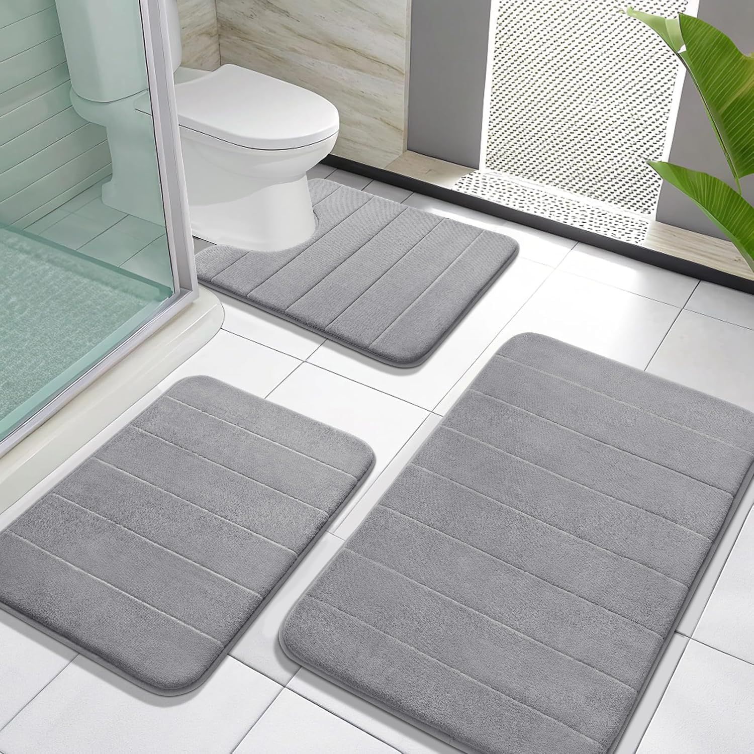 3 Pack Coral fleece Bath Mat Set - Super Soft Absorbent Quick Dry Bathroom Rug Sets, Machine Washable Non-Slip Floor Carpet for Tub Shower, Grey