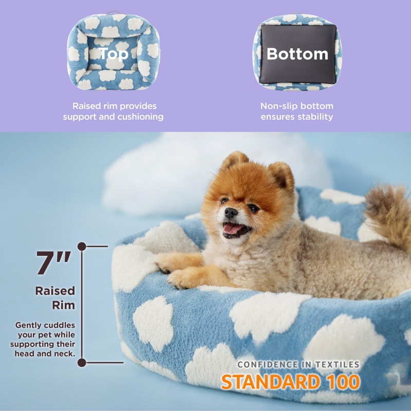76x60x20 CM Cute Square Plush Pet Bed with Removable Cover & 5 Bolsters Support - Purple Plaid Machine Washable Calming Dog & Cat Sofa โ image 3