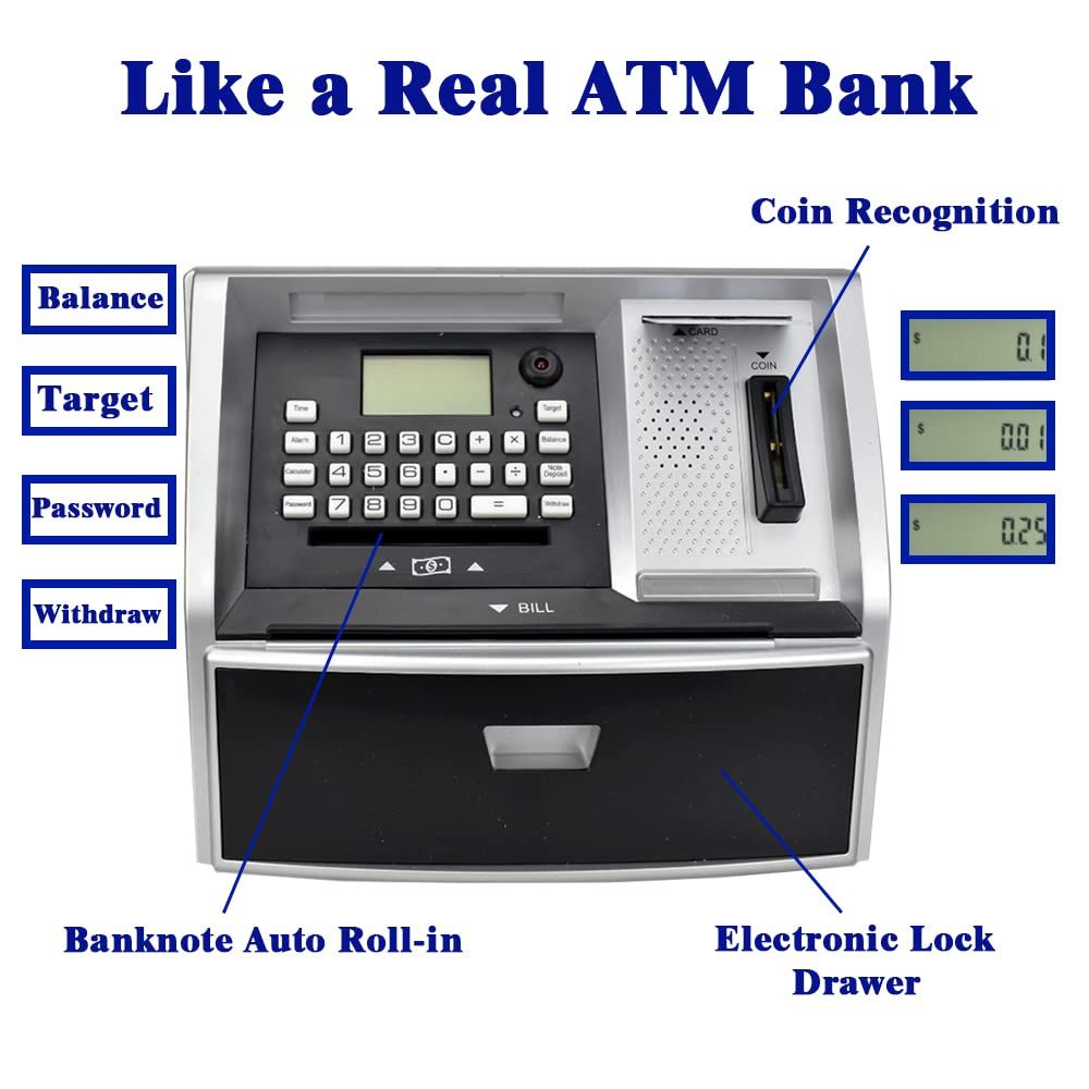 ATM Savings Bank with Debit Card, Electronic Piggy Bank for Real Money, Targets Setting, Password Login (Black/Silver) — image 2