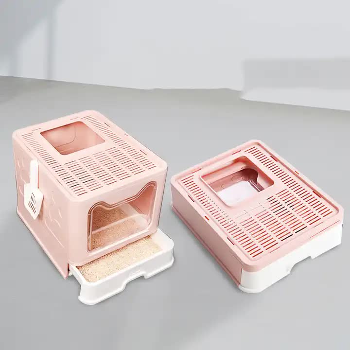 Foldable Cat Litter Box with Pull-Out Tray -Easy Cleaning and Anti-Splash Design Pink 51*41*38cm โ image 2
