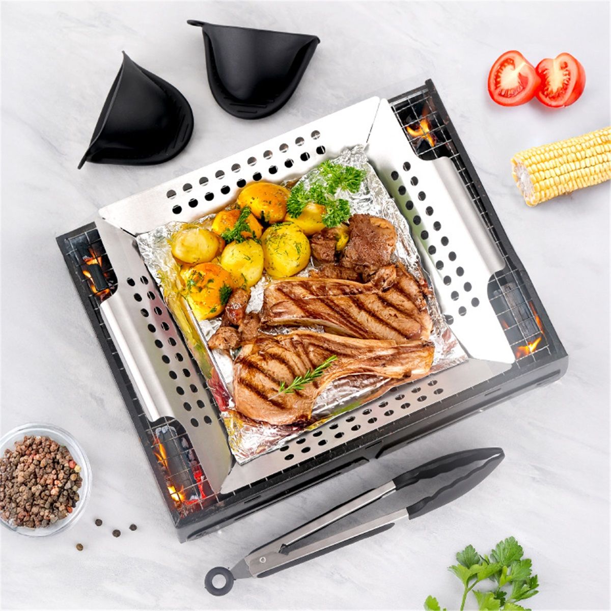 Grill Basket, Stainless Steel Grilling Basket, BBQ Grill Basket Wok for Vegetable, Kabobs, Shrimps, Heavy Duty Stainless Steel Grilling Accessories for All — image 4