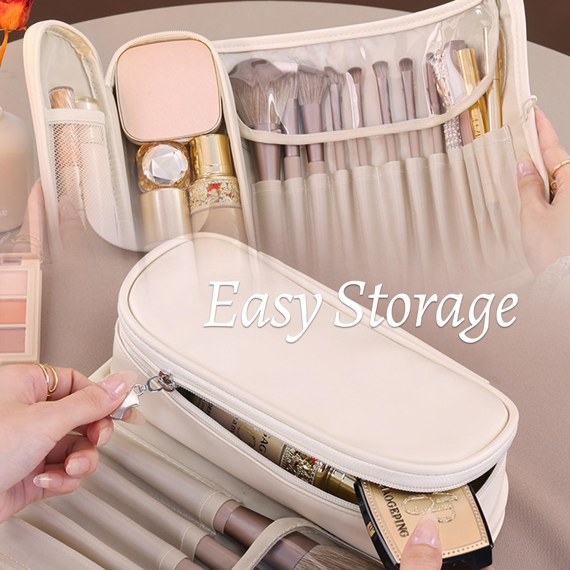 Foldable Toiletry Bag, Water-Resistant PU Leather Cosmetic Organiser with Zipped Compartments for Makeup, Skincare and Travel, Pink โ image 4