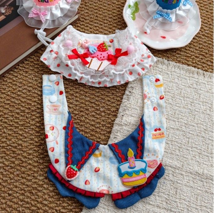 Size M Blue Pet Birthday Party Supplies Strawberry Cake Bib and Hat Set Cat Dog Costume Photo Shoot Outfit — image 5