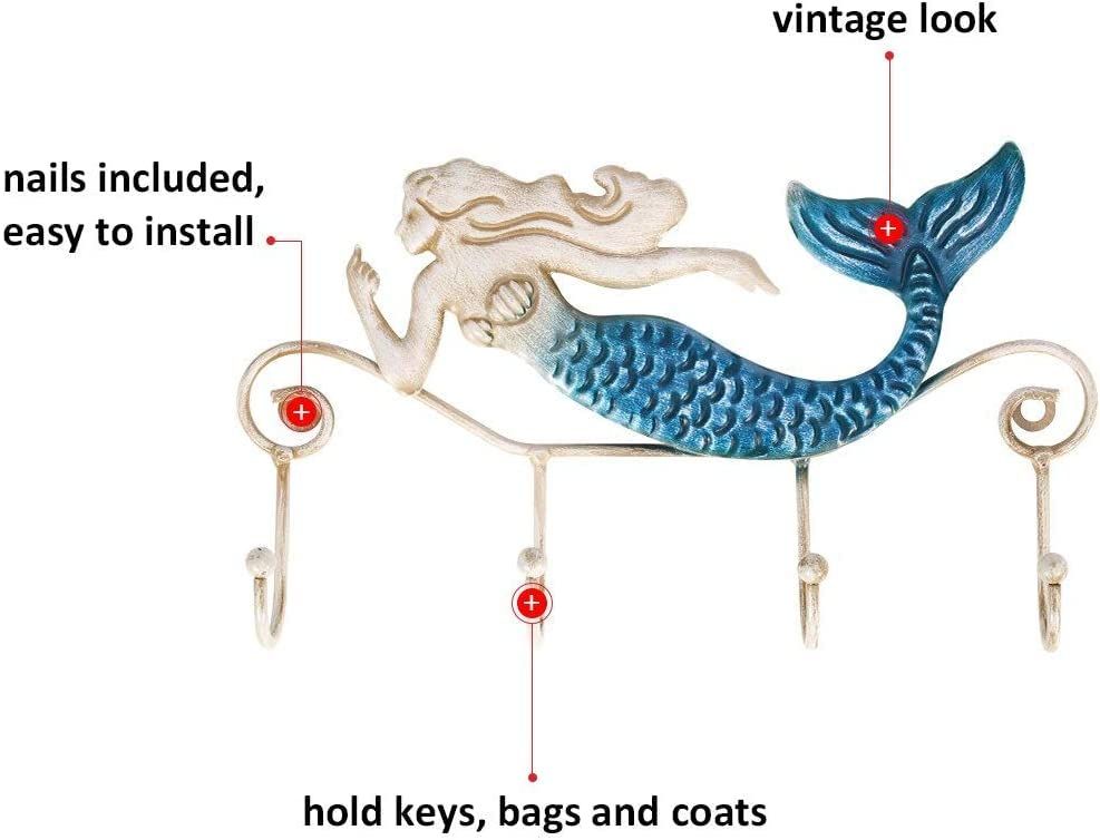 Wall Mounted Key Holder Iron Mermaid Wall Decoration 4 Hooks for Coats Towels Bags Wall Mount Clothes Holder Screws Included — image 4