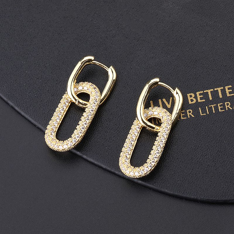 Chain Link Dangle Earrings for Women with Cubic Zirconia Stones – Gold Plated Square Oval Round U Shape — image 2