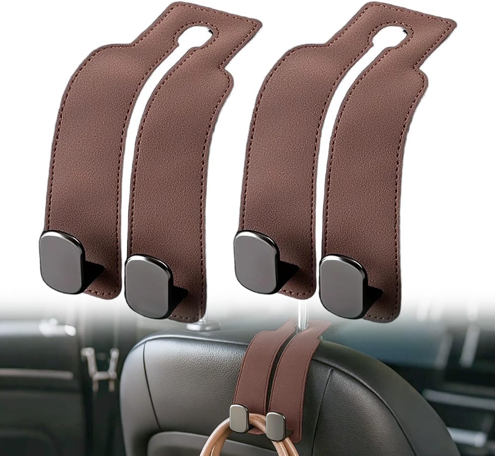 Headrest Hook for Car Seat Headrest, 2026 Wallet & Bag Hook Cute Car Wallet Holder, Double Hook Leather Car Headrest Hook Seat Back Storage Bag for Travel