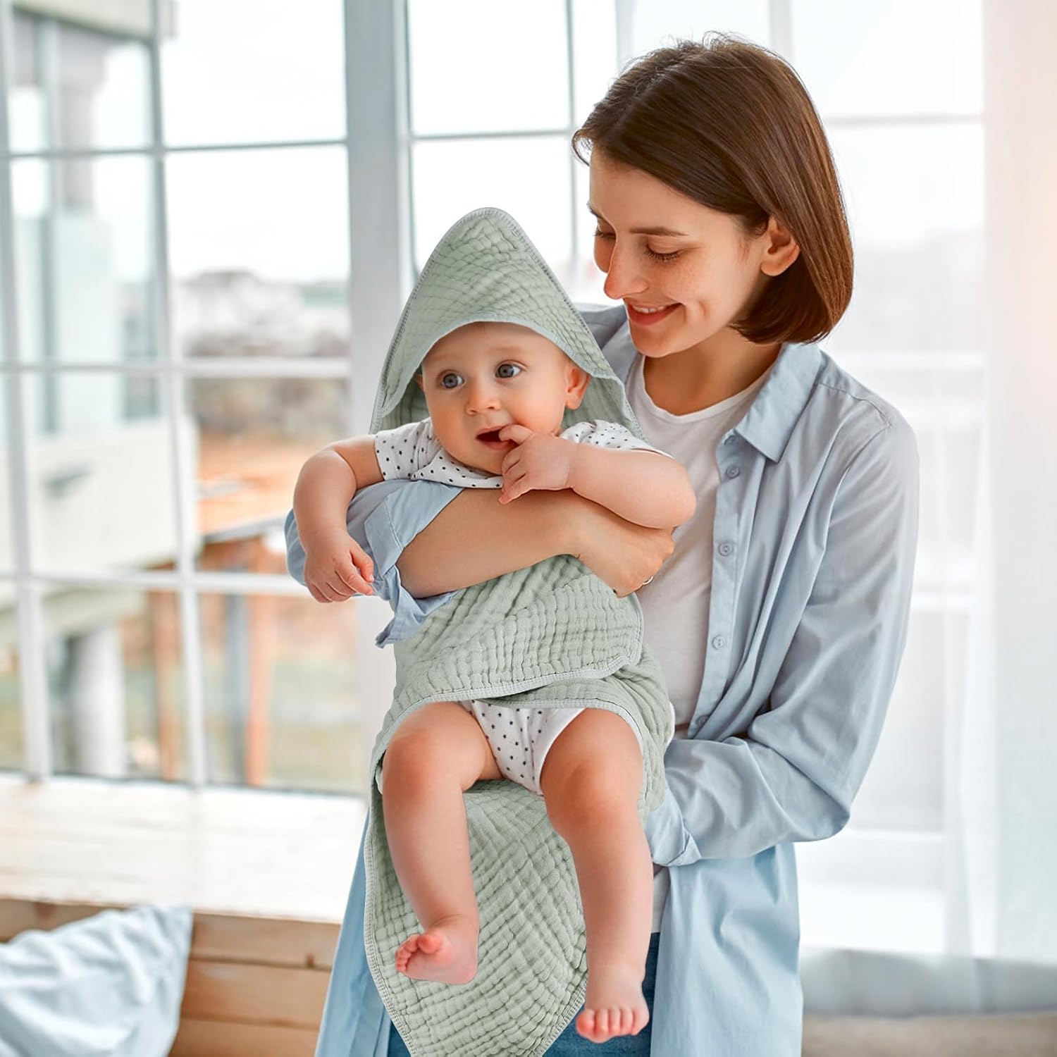 2 Pack Hooded Baby Towels, 100% Muslin Cotton Bath Towel for Babies, Newborn, Infant and Toddler, Absorbent Soft Baby Bath Towel with Hood, Boy and Girl Bath — image 6