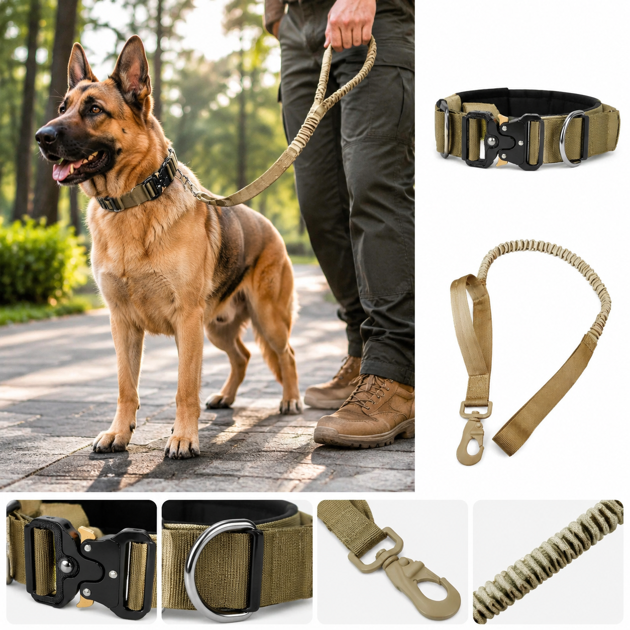 Khaki Tactical Dog Collar and Bungee Lead Set (XL size) - Padded Quick Release Collar with Control Handle and Shock Absorbing Leash for Medium and Large Dogs — image 2