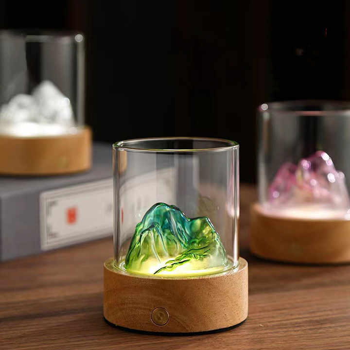 Blue-green Glass Mountain Ambient Night Light – USB Rechargeable Touch Control Bedside Lamp – Adjustable 3-Color Light — image 2