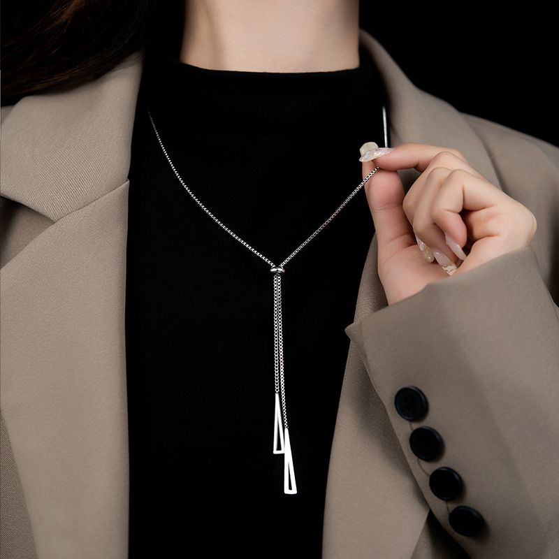 Vintage Hollow Triangle Y Lariat Necklace Silver Y Necklace Geometric Y Drop Necklace Long Tassel Necklace Chain Jewelry for Women β image 5