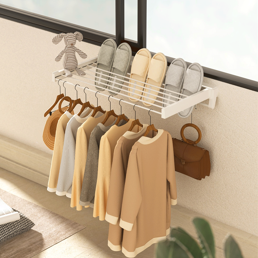 Alston Wall Mounted Drying Rack Clothes Airer Space Saver Folding Dryer Bearing Capacity 12KG Foldable Rail With Hooks Indoor Outdoor Balcony Laundry White — image 4