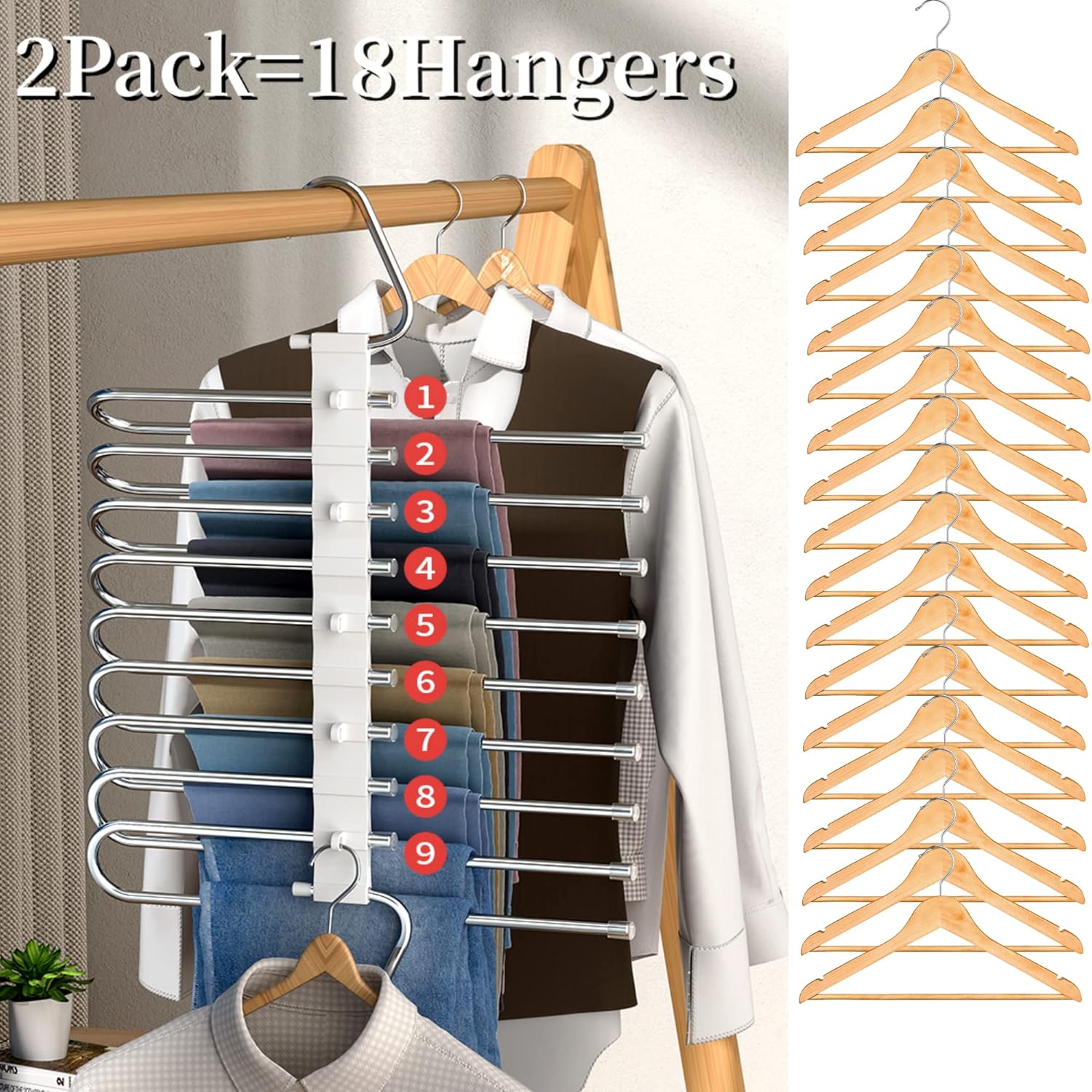 9 Layers Pants Hangers Space Saving, 2 Pack Multifunctional Pant Rack Stainless Steel Closet Organizer for Pants Jeans Leggings Troers, Antiquewhite — image 3