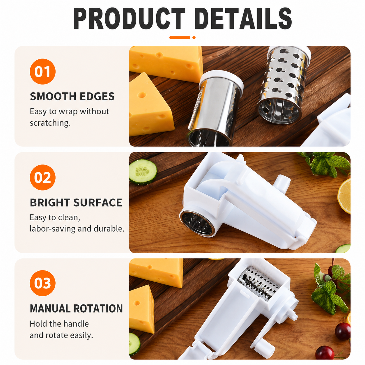Rotary Cheese Grater with 3 Stainless Steel Blades and Safe Top Pressing Cover - Manual Hand Crank Shredder, Stable and Effortless for Cheese Vegetables & โ image 5