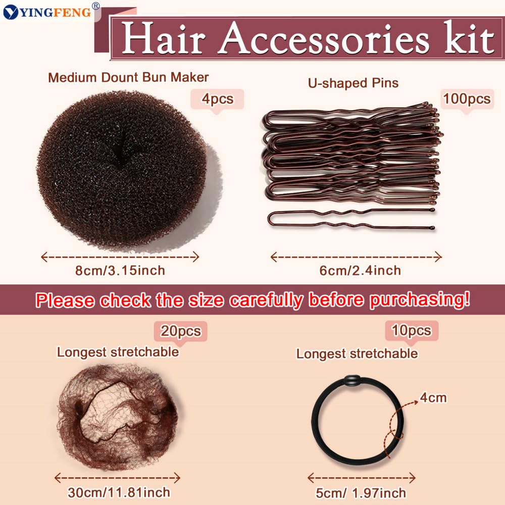 134 Pcs Brown Hair Bun Maker Kit Medium - 4 Bun Hair Pieces for Women, 20 Hair Net for Buns, 100 Bobby Pins for Women, 10 Hair Bands, for Ballet Styling, Hair โ image 3