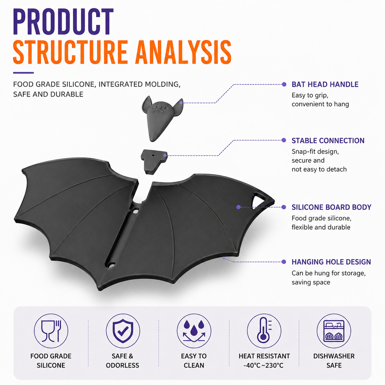 Halloween Bat-Shaped Silicone Cutting Board: Flexible, Heat-Resistant, and Perfect for Spooky Kitchen Prep and Festive Serving (Black) — image 3