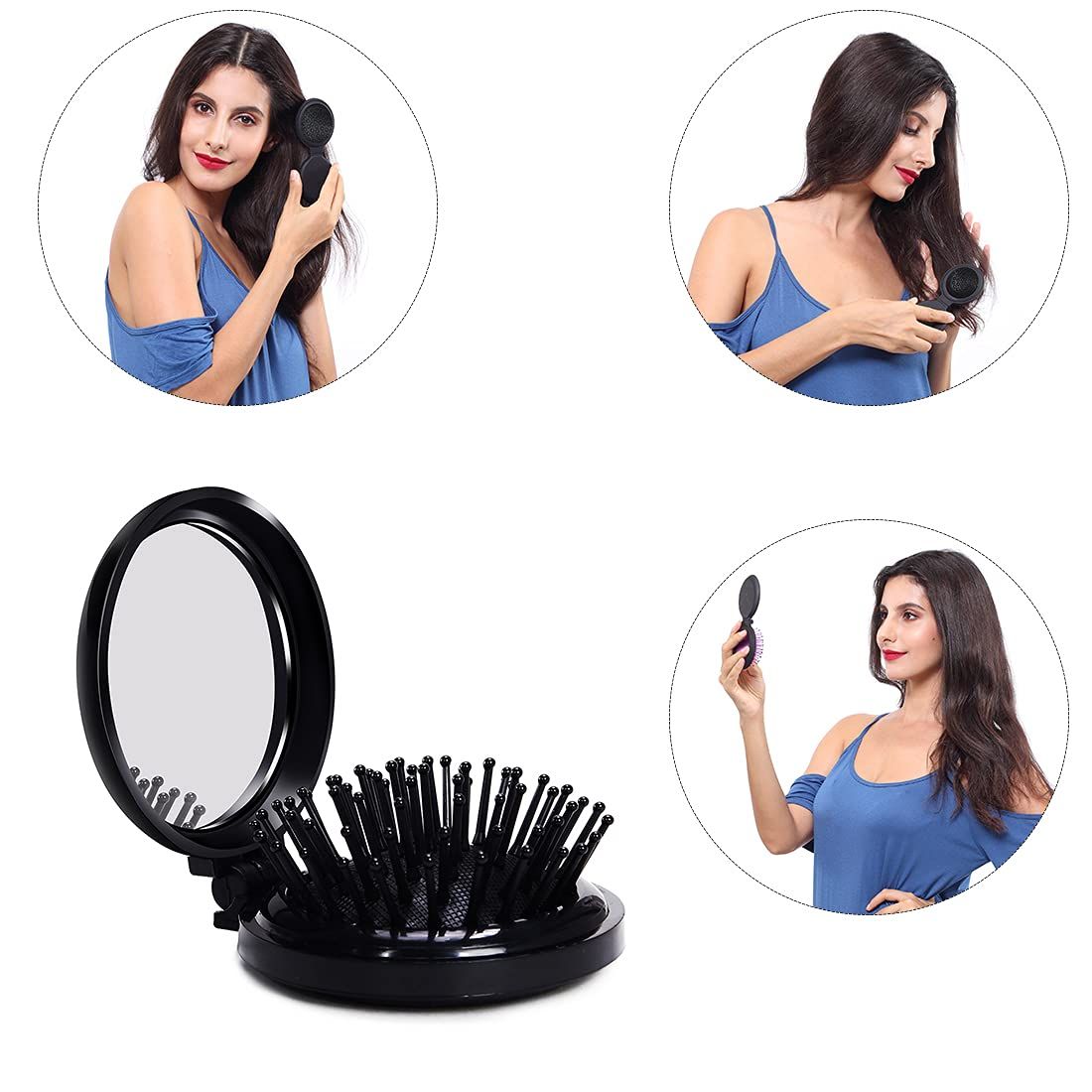 1st Choice Folding Hair Brush with Mirror, Round Mini Compact Massage Comb for Purse/Pocket, Travel Size for Girls and Women (Black) โ image 2