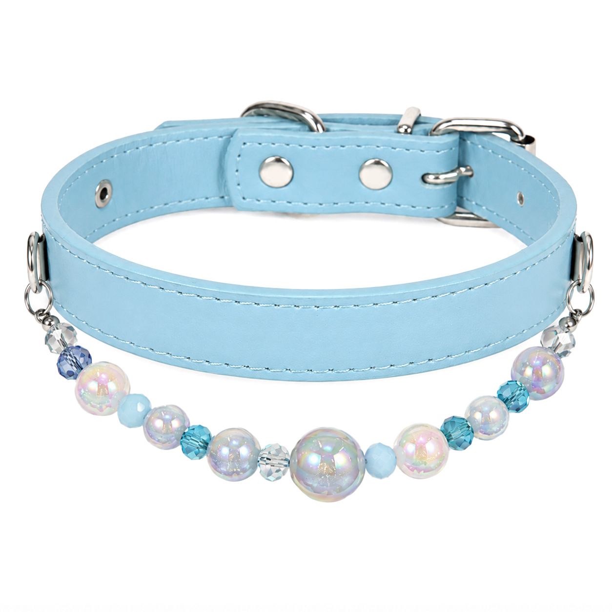 Detachable Beaded Dog Collar - Sky Blue Microfiber PU Leather, Zinc Alloy Hardware, Adjustable XL Size 36-46cm Neck, 2.5cm Wide Decorative Pet Collar for Dogs