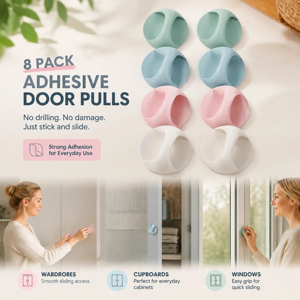 Drill-Free Strong Sticky Door Pull Handles, Mixed Blue Green Pink White, No Punch Handle For Drawer, Wardrobe & Window, 8 Pcs, Complete Household Upgrade Gift