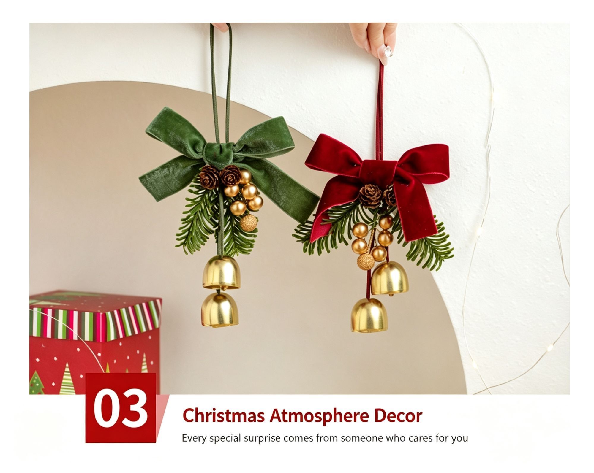 Christmas Pine Cone Wood Strip Double Green Bell Wreath Hanging Charm, Indoor Ambience Pendant for Christmas Seasonal Presents, Model D7 — image 5