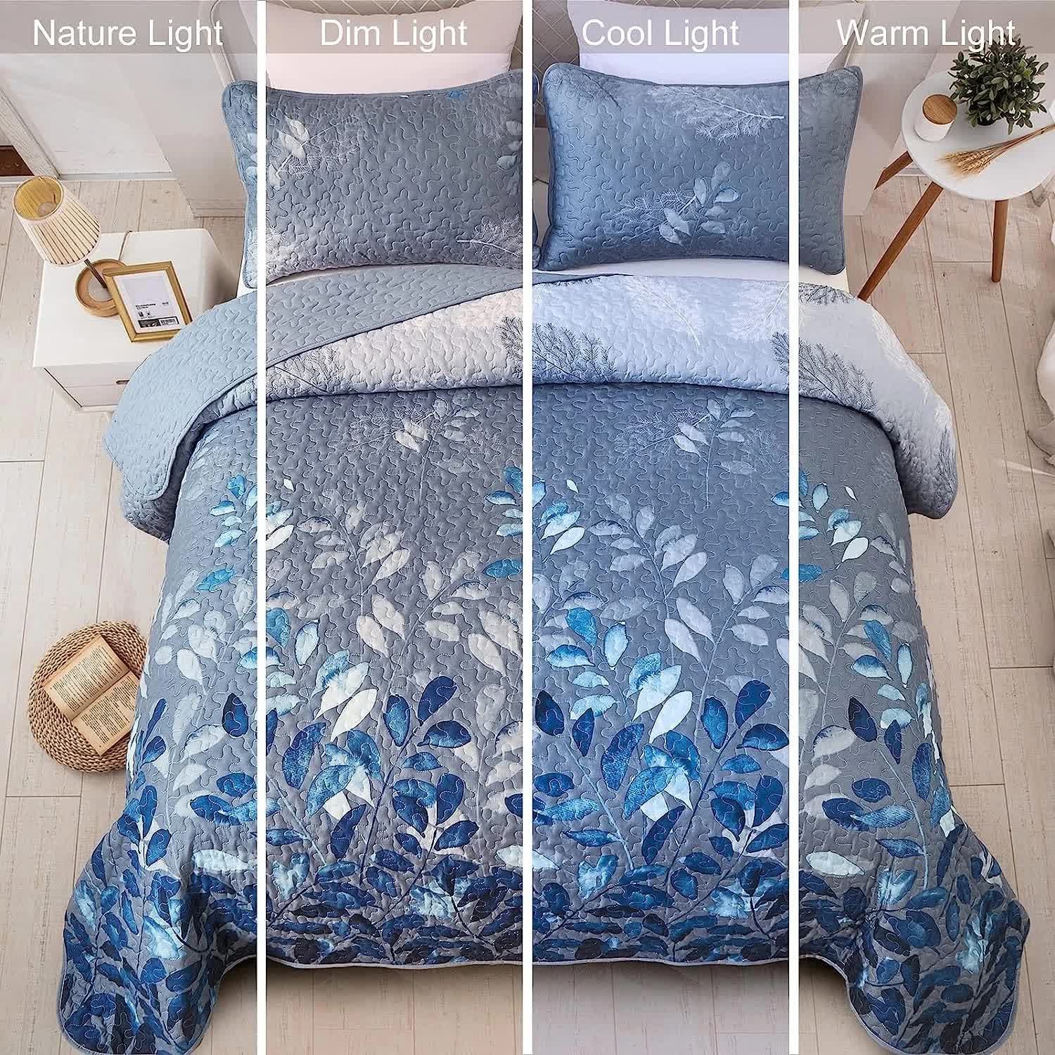 Blue Garden Coverlet Set with Quilted Floral Pattern and Pillowcases โ image 3