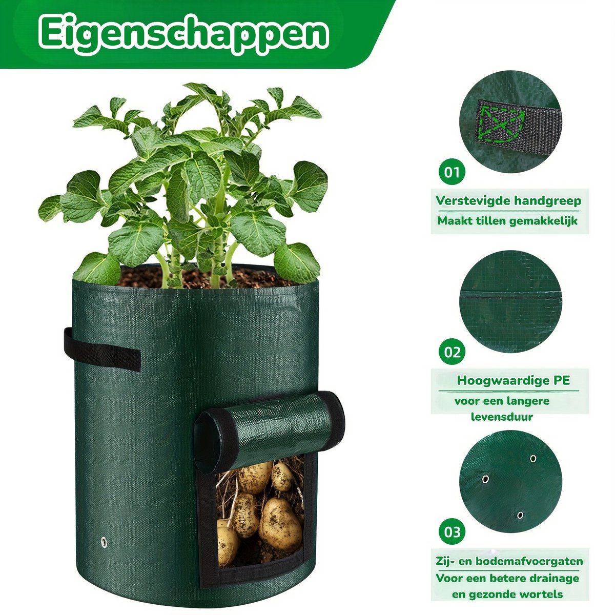 5 Pieces 38 L Grow Bags with Handles and Harvest Window, Breathable Planter Bags for Potatoes, Carrots and Vegetables, Green — image 3