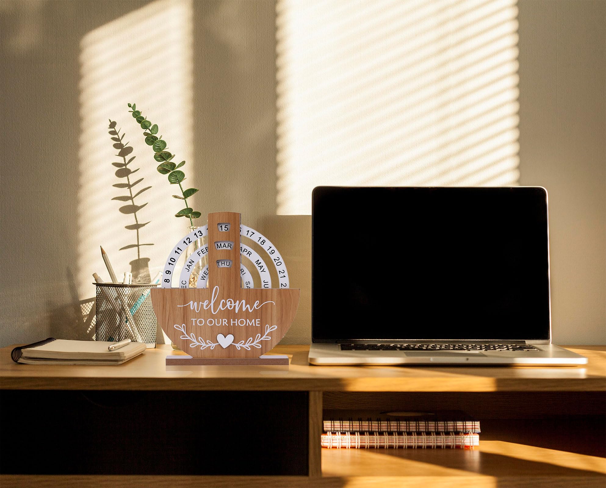 Wooden Perpetual Calendar with "Welcome to Our Home" Design – Rotating Desk Decor for Office & Living Space (Natural Wood) — image 5