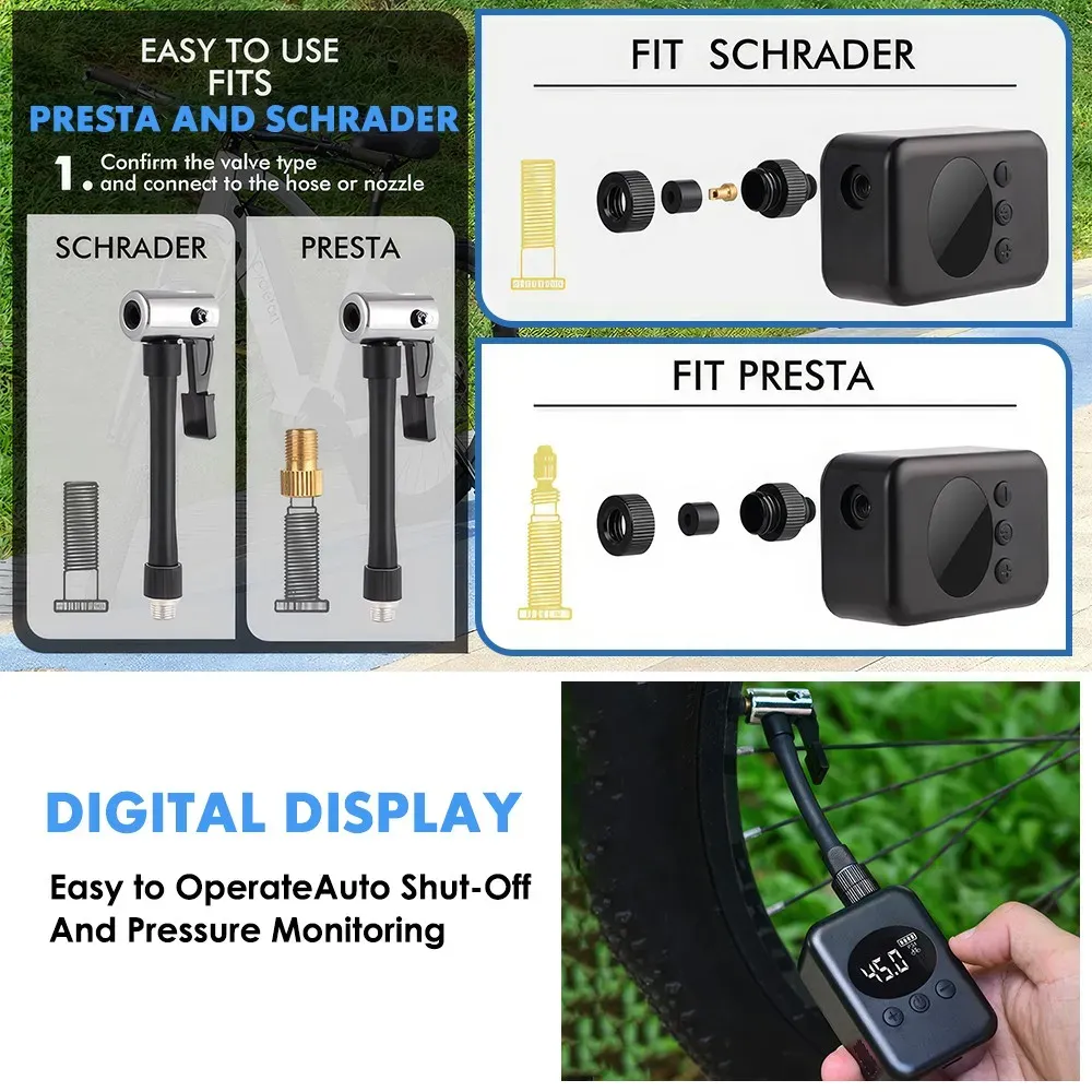 Mini Electric Bike Tyre Pump Black 150 PSI with Digital Gauge for Presta and Schrader Valves โ image 4